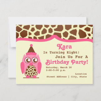Giraffe u. rosa Eulen-Geburtstags-Party laden ein Einladung