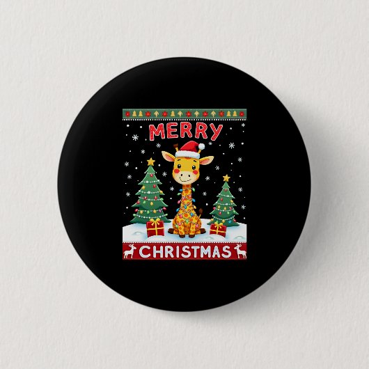 Giraffe Ugly Christmas Sweaters Funny Santa Hat Li Button (Vorderseite)