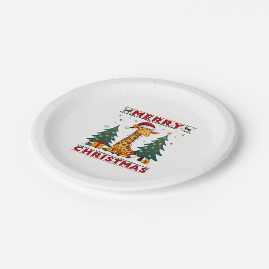 Giraffe Ugly Christmas Sweaters Funny Santa Hat Li Pappteller (Schrägansicht)