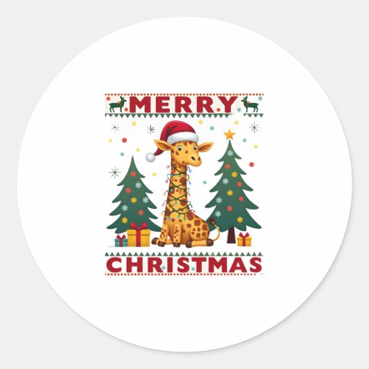 Giraffe Ugly Christmas Sweaters Funny Santa Hat Li Runder Aufkleber (Vorderseite)
