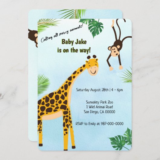 Giraffe und Affe Safari oder Zoo Party Tier Einladung (Vorne/Hinten)