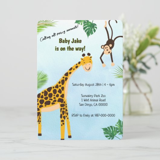 Giraffe und Affe Safari oder Zoo Party Tier Einladung (Stehend Vorderseite)