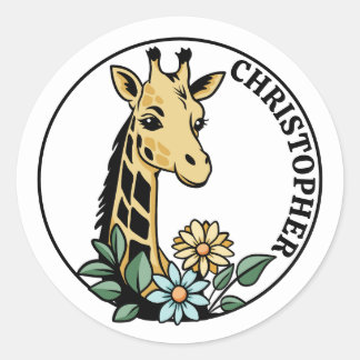 Giraffe und Blume Individuelle Name Runder Aufkleber