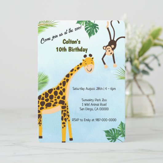 Giraffe und Monkey Safari oder Zoo-Party Einladung (Stehend Vorderseite)