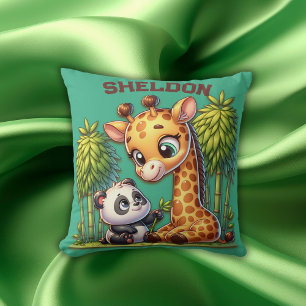 Giraffe und Panda Mit Monogramm Name   Kissen