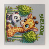Giraffe und Panda Mit Monogramm Name | Puzzle (Horizontal)