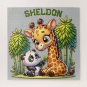 Giraffe und Panda Mit Monogramm Name | Puzzle (Vertikal)