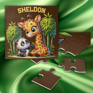 Giraffe und Panda Mit Monogramm Name Puzzle