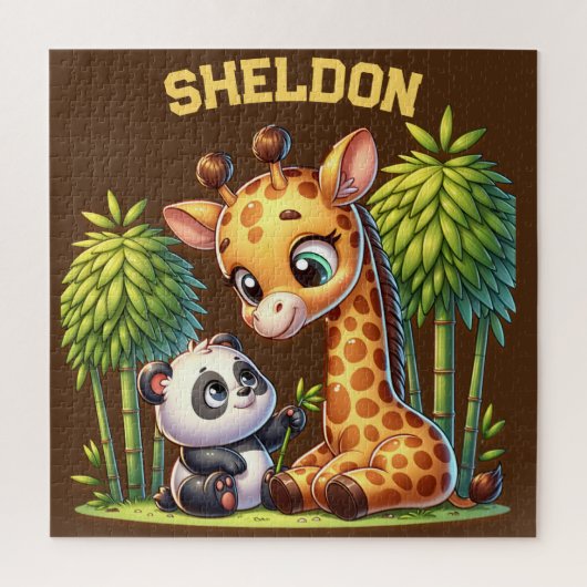 Giraffe und Panda Mit Monogramm Name | Puzzle (Vertikal)