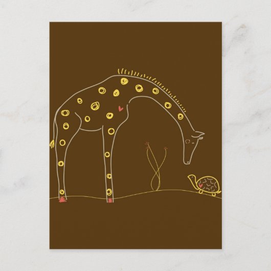 Giraffe und Schildkröte auf braun und gelb Postkarte (Vorderseite)