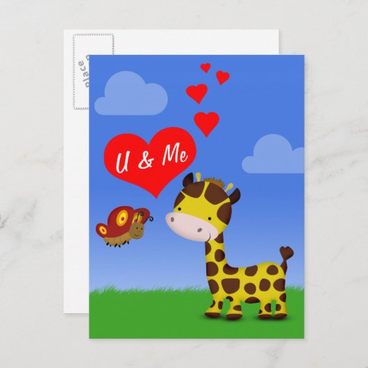 Giraffe und Schmetterling in Liebe Postkarte (Vorne/Hinten)