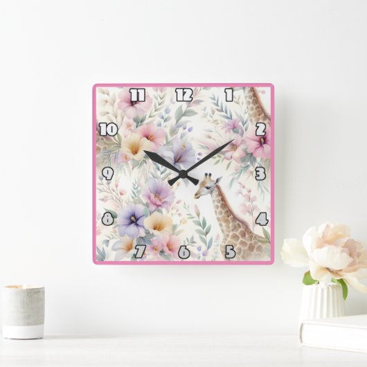 Giraffe unter bunten Blume in Afrika Quadratische Wanduhr (Zuhause)