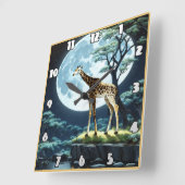 Giraffe unter Vollmond durch ruhiges Wasser Quadratische Wanduhr (Winkel)