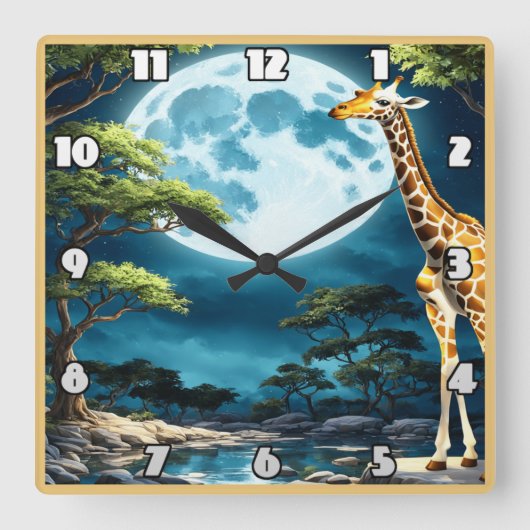 Giraffe unter Vollmondlicht in ruhiger Landschaft Quadratische Wanduhr (Vorderseite)