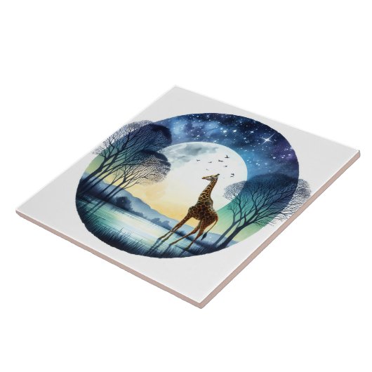 Giraffe vom Mondlichtsee unter einem Sternenhimmel Fliese (Seite)