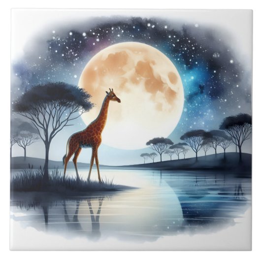 Giraffe von Serene Lake Under Full Moonlight Fliese (Vorderseite)