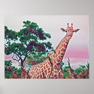 Giraffe Wasserfarbe in Reds Orange und Grün Poster