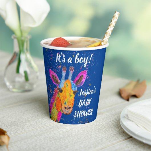 Giraffe Watercolor Moderne Script Baby Dusche Pappbecher (In Situ)