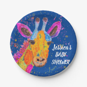 Giraffe Watercolor Safari Jungle Blue Baby Dusche Pappteller