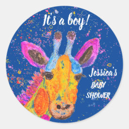 Giraffe Watercolor Safari Jungle Blue Baby Dusche Runder Aufkleber