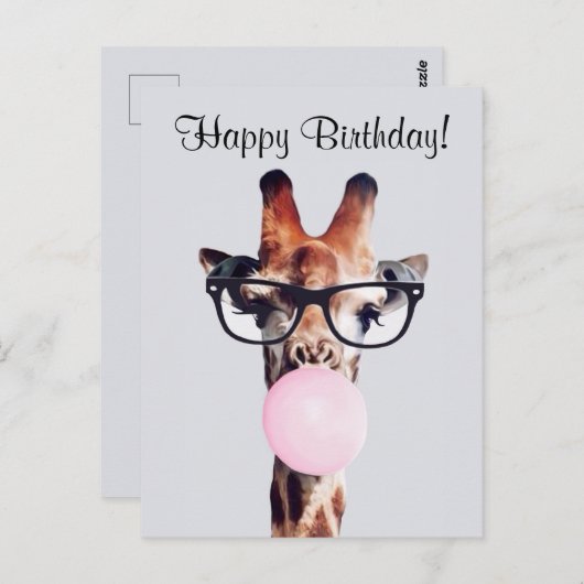 Giraffe Wearing Brillen Blasgum Happy Birthday Postkarte (Vorne/Hinten)