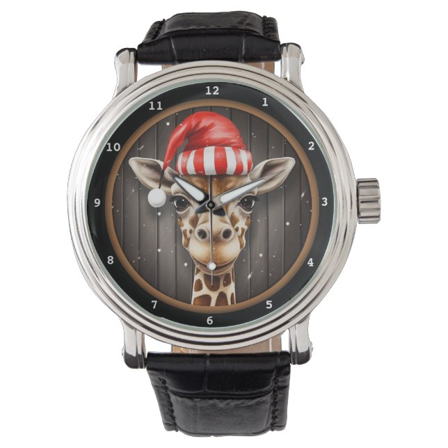 Giraffe Wearing Christmas Hat Portrait Armbanduhr (Vorderseite)