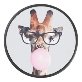 Giraffe wearing glasses blowing a pink bubble gum eishockey puck