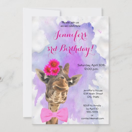 Giraffe Wildtier Wasserfarbene Mädchen zum Geburts Einladung (Vorderseite)
