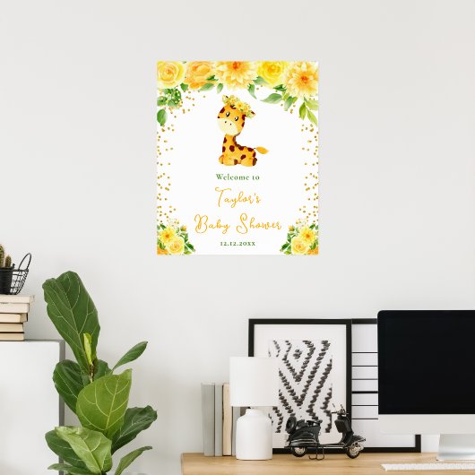 Giraffe Yellow Floral Baby Dusche Willkommen Poster (Heimbüro)