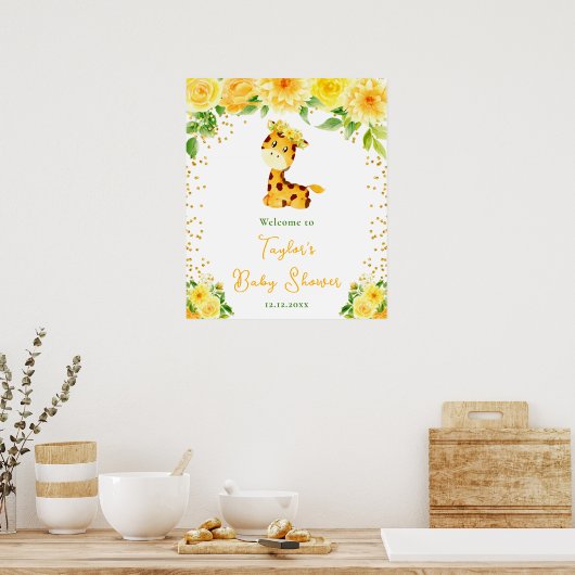 Giraffe Yellow Floral Baby Dusche Willkommen Poster (Küche)
