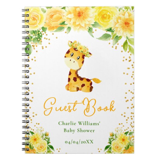 Giraffe Yellow Floral Baby Shooting Guest Book Notizblock (Vorderseite)