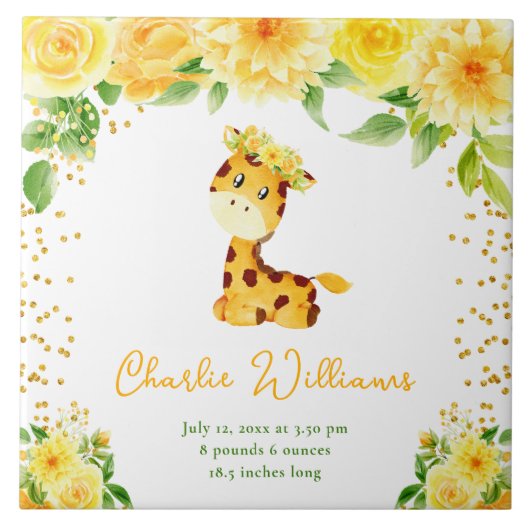 Giraffe Yellow Floral Birth Statistics Fliese (Vorderseite)