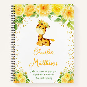 Giraffe Yellow Floral Birth Statistics Notizblock