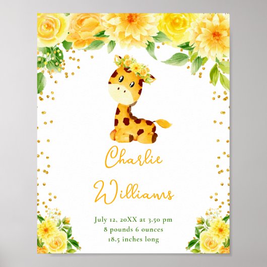 Giraffe Yellow Floral Birth Statistics Poster (Vorne)