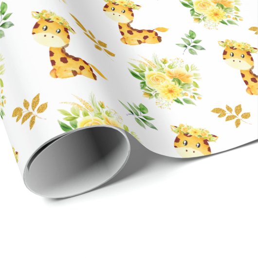 Giraffe Yellow Floral Blume Geschenkpapier (Rolleneckpunkt)