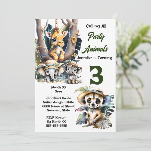 Giraffe zebra safari Zoo Tiere Dschungel Party Einladung (Stehend Vorderseite)