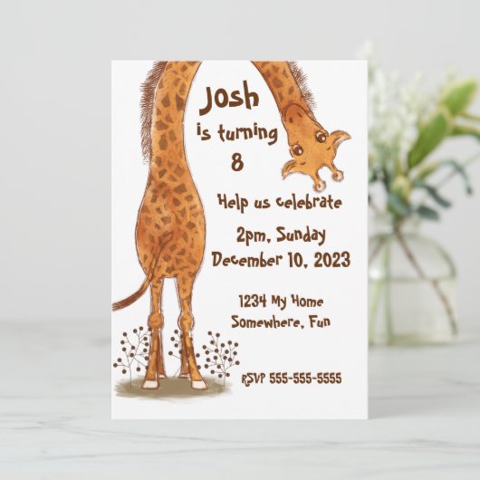 Giraffe, Zootiere Geburtstag, personalisierbar Einladung (Stehend Vorderseite)