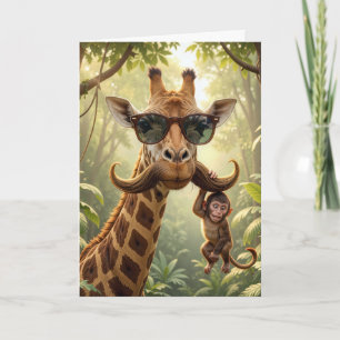 Giraffe zum Geburtstag mit Schnurrbart und Affe Karte
