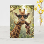 Giraffe zum Geburtstag mit Schnurrbart und Affe Karte (Gelbe Blume)
