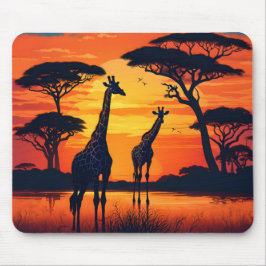 Giraffen am Wasserloch bei Sonnenuntergang Mousepad