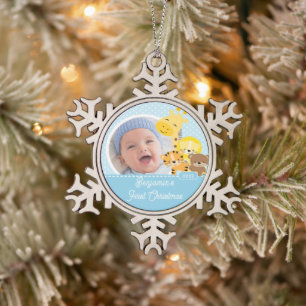 Giraffen-Babys erstes Weihnachtsfoto Schneeflocken Zinn-Ornament
