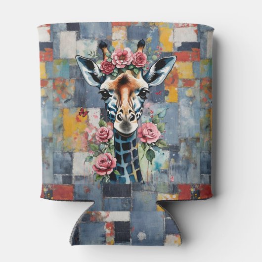 Giraffen Floral auf Retro Denim Patchwork Dosenkühler (Rückseite)
