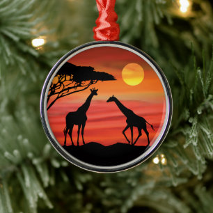 Giraffen im Serengeti-Sonnenuntergang Ornament Aus Metall