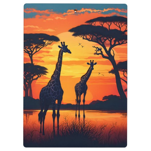 Giraffen im Wasserloch bei Sonnenuntergang Klemmbrett (Rückseite)