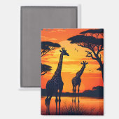 Giraffen im Wasserloch bei Sonnenuntergang Magnet (Vorderseite/Rückseite)