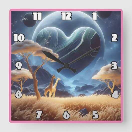 Giraffen in einer kosmischen Landschaft Quadratische Wanduhr (Vorderseite)
