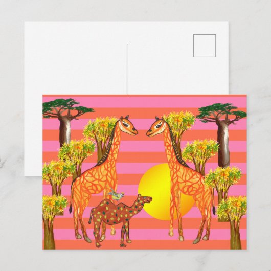 Giraffen, Kamel, Zeichnend Vogel, Postkarte (Vorne/Hinten)