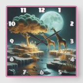 Giraffen unter glühendem Mond in Afrika Quadratische Wanduhr (Vorderseite)