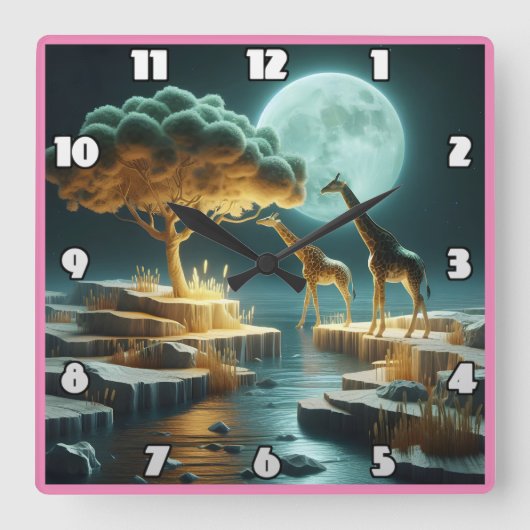 Giraffen unter glühendem Mond in Afrika Quadratische Wanduhr (Vorderseite)