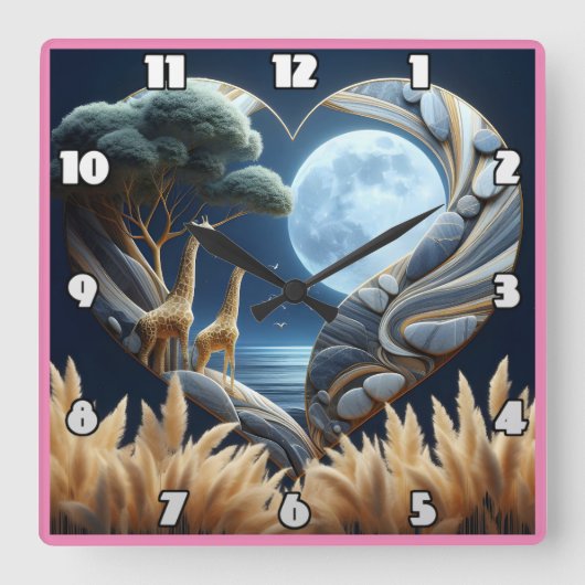 Giraffen unter Vollmond am Ufer Quadratische Wanduhr (Vorderseite)